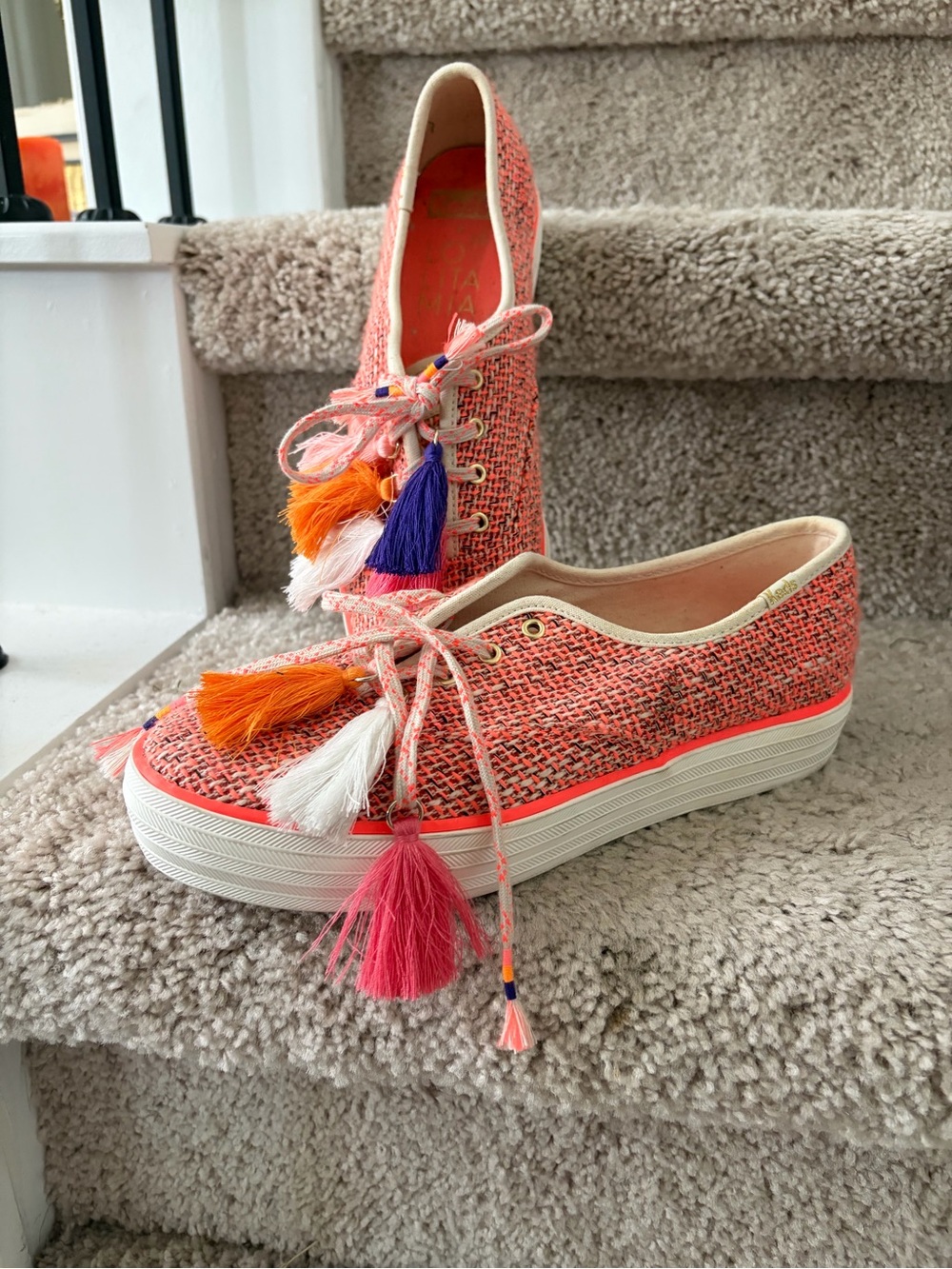 Keds Coral Tweed Platform Sneakers with Colorful Tassels